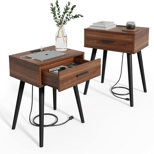 HAIOOU Set of 2 Mid Century Nightstand with Charging Station, End Table Modern Side Table One Drawer with Premium Matte Black Handle and Pine Wood Legs for Home Bedroom Living Room (NS003X)