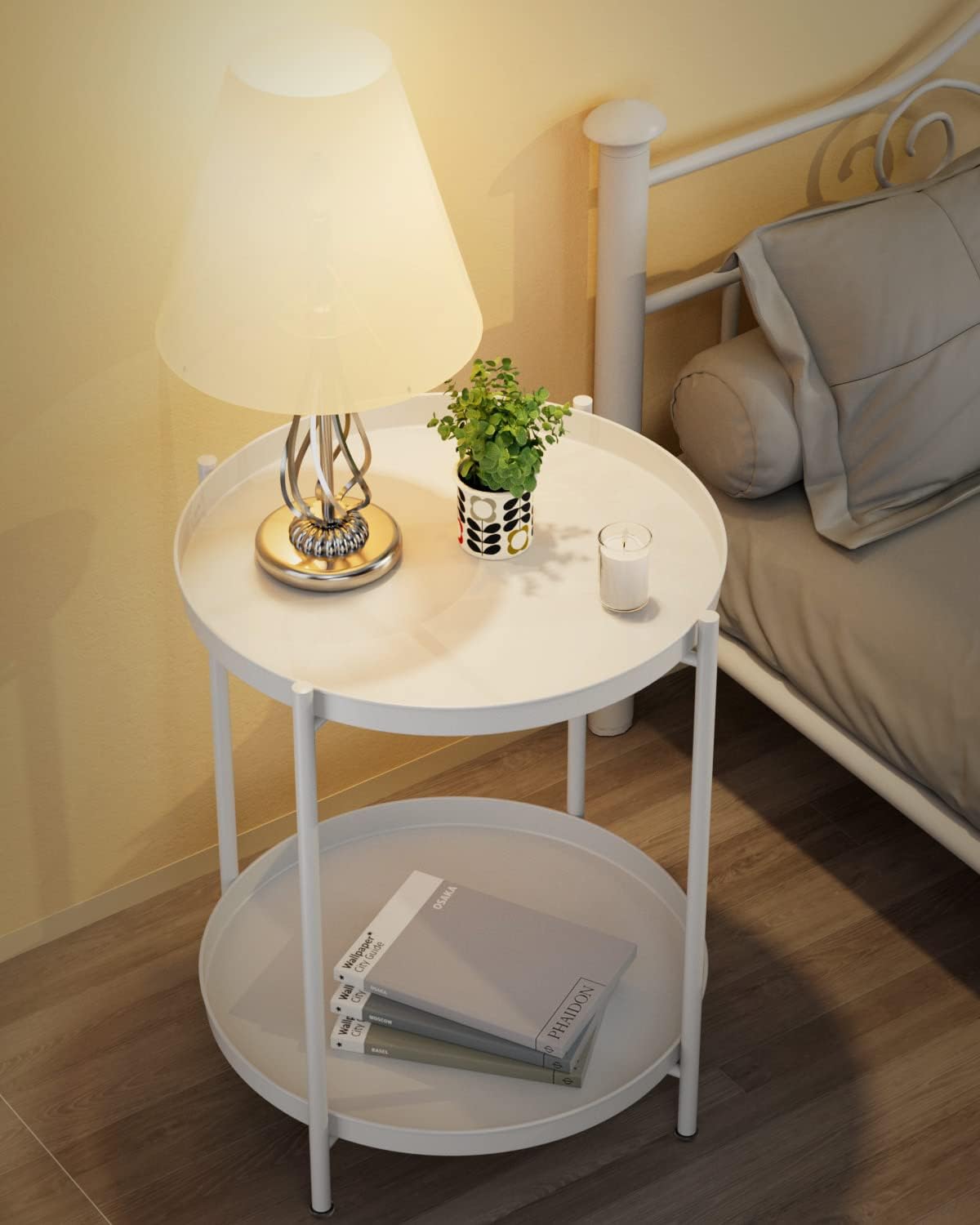 EKNITEY 2 Tier End Table - Metal Side Table Waterproof Small Sofa Coffee Side Tables Bedroom Indoor Outdoor with Removable Tray for Living Room Bedroom Balcony and Office (White)