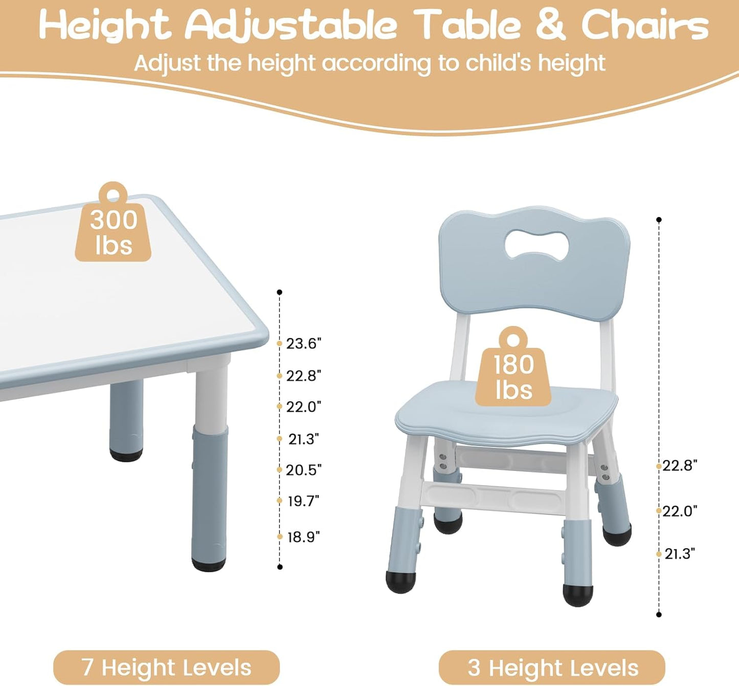 GarveeHome Kids Table and 4 Chairs Set, Height Adjustable Toddler Table and Chair Set, Graffiti Desktop, Children Study Table for Home Daycare Preschool for Ages 2-8