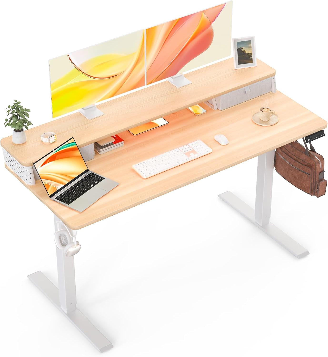 Standing Desk with Drawers and Brushless Motor,Electric Height Adjustable Desk for Walking Pad,Ergonomic Stand Up Desk for Home Office & Gaming,3 Memory Height Preset & Hooks(55" x 24",Oak)