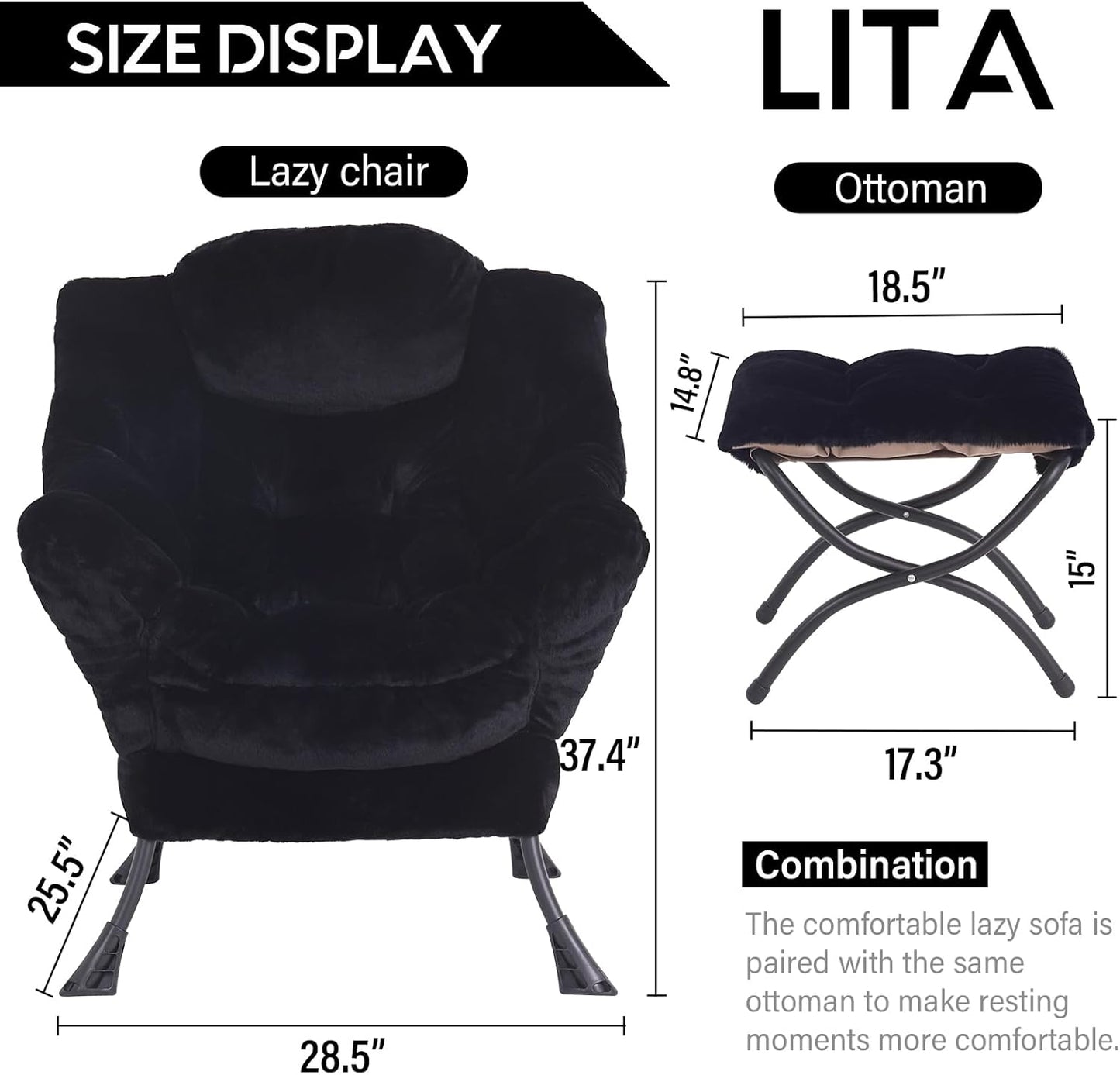LITA Lazy Chair with Ottoman, Modern Accent Leisure Upholstered Sofa Chair, Lounge Reading Chair with Armrests and a Side Pocket for Living Room, Bedroom & Small Space, Plush Black