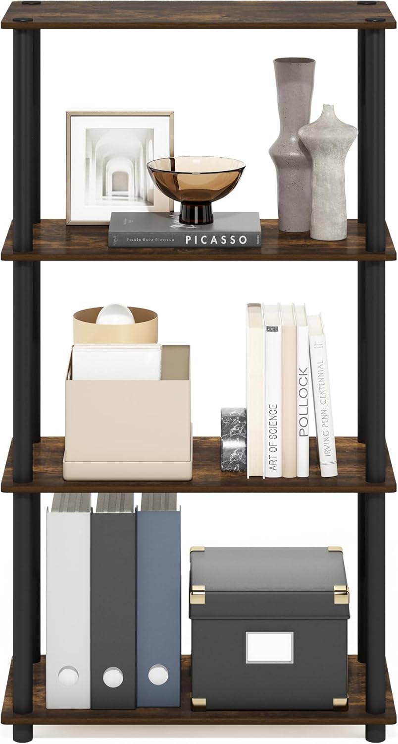 Furinno Turn-N-Tube 4-Tier Multipurpose Shelf Display Rack, Amber Pine/Black