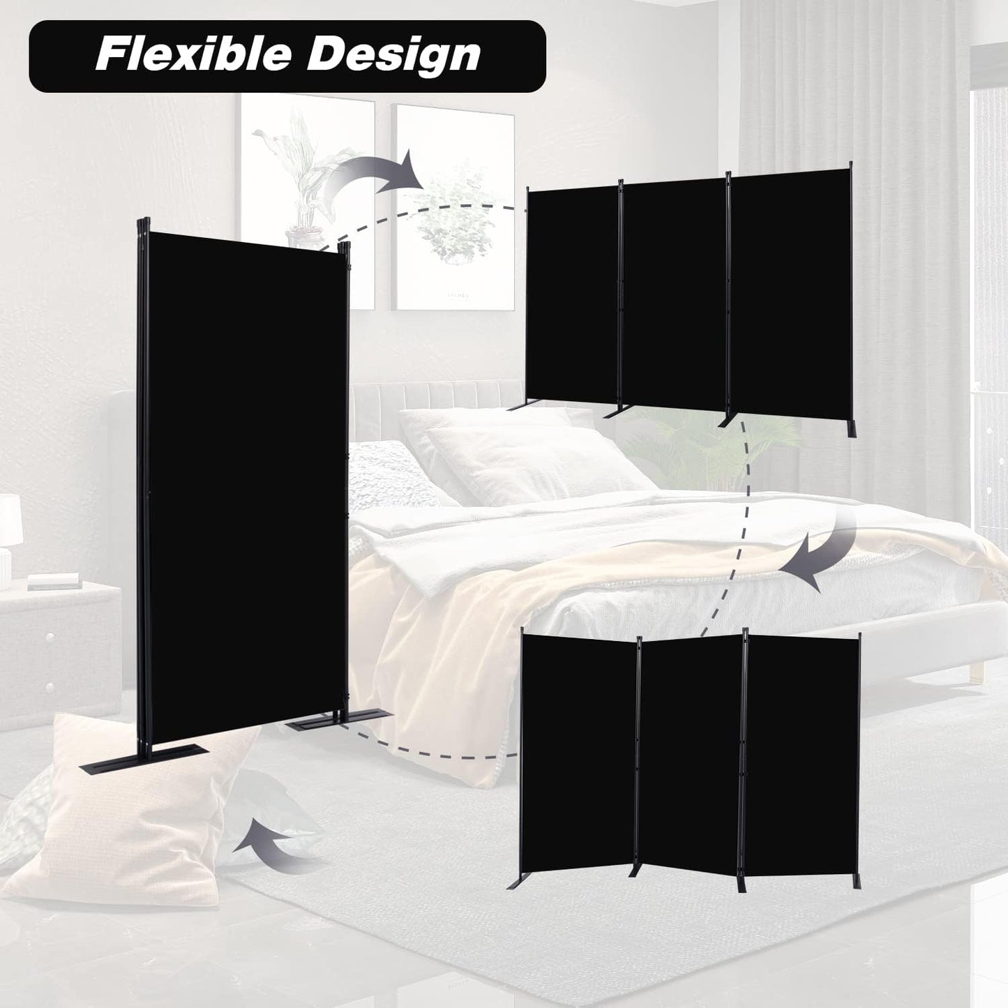 Room Divider, 3 Panel Folding Privacy Screens with Wider Support Feet, 6 Ft Portable Room Partition for Room Separator, 102" W X 71" H, Black