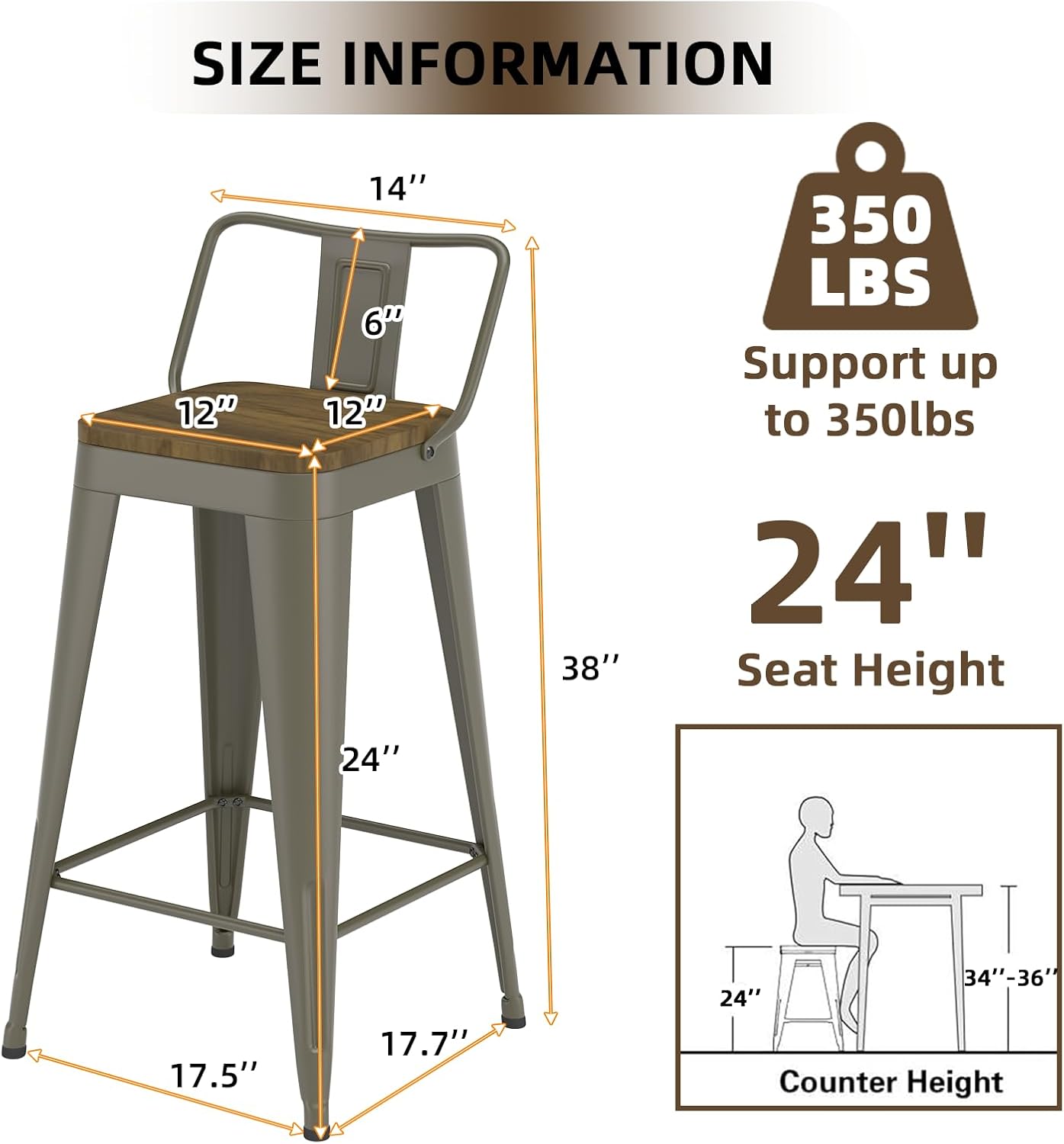 Rusty Bar Stools Set of 4, Metal Bar Stools with Wooden Seat, Modern 24”Counter Height Barstools with Low Back