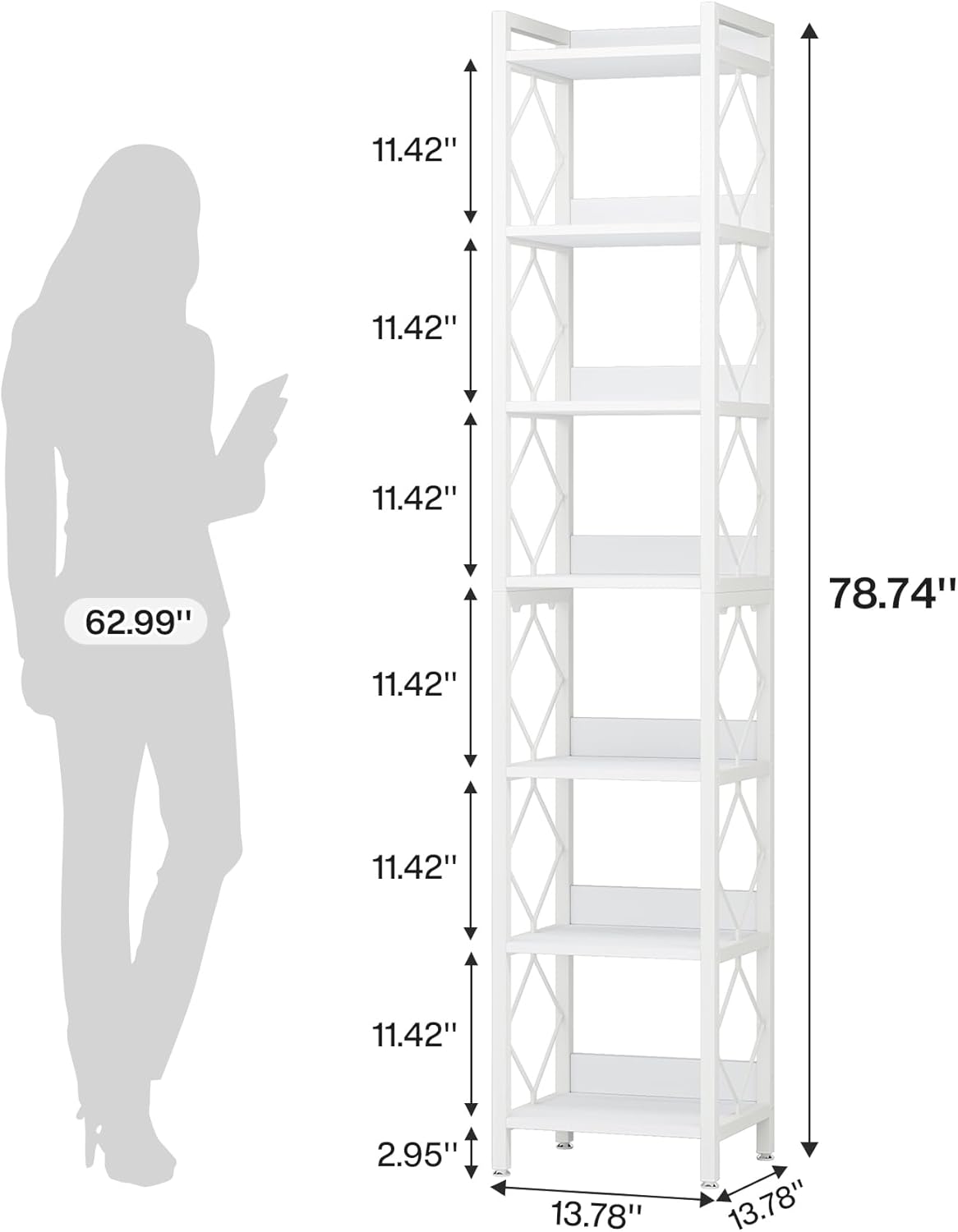 Tribesigns 78.7 Inch Extra Tall Narrow Bookshelf, 7 Tier Skinny Bookcase for Small Spaces, Freestanding Display Shelves, Multifunctional Corner Storage Organizer for Home Office, White