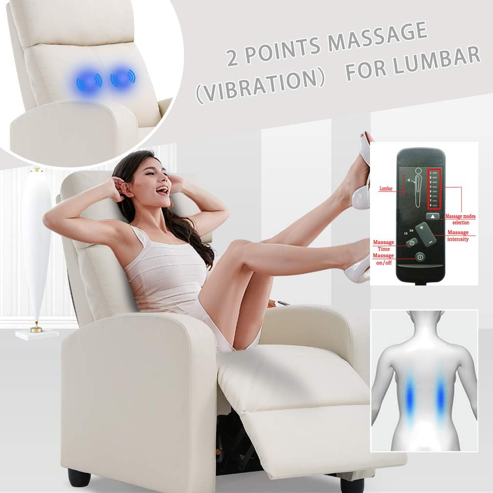 BestMassage | Recliner Chair | with 2 Point Massage Function | Pu Beige | with Lumbar Support, Adjustable Push Back, Footrest & Padded Seat | Easy Assembly | for Living Room, Home Theatre