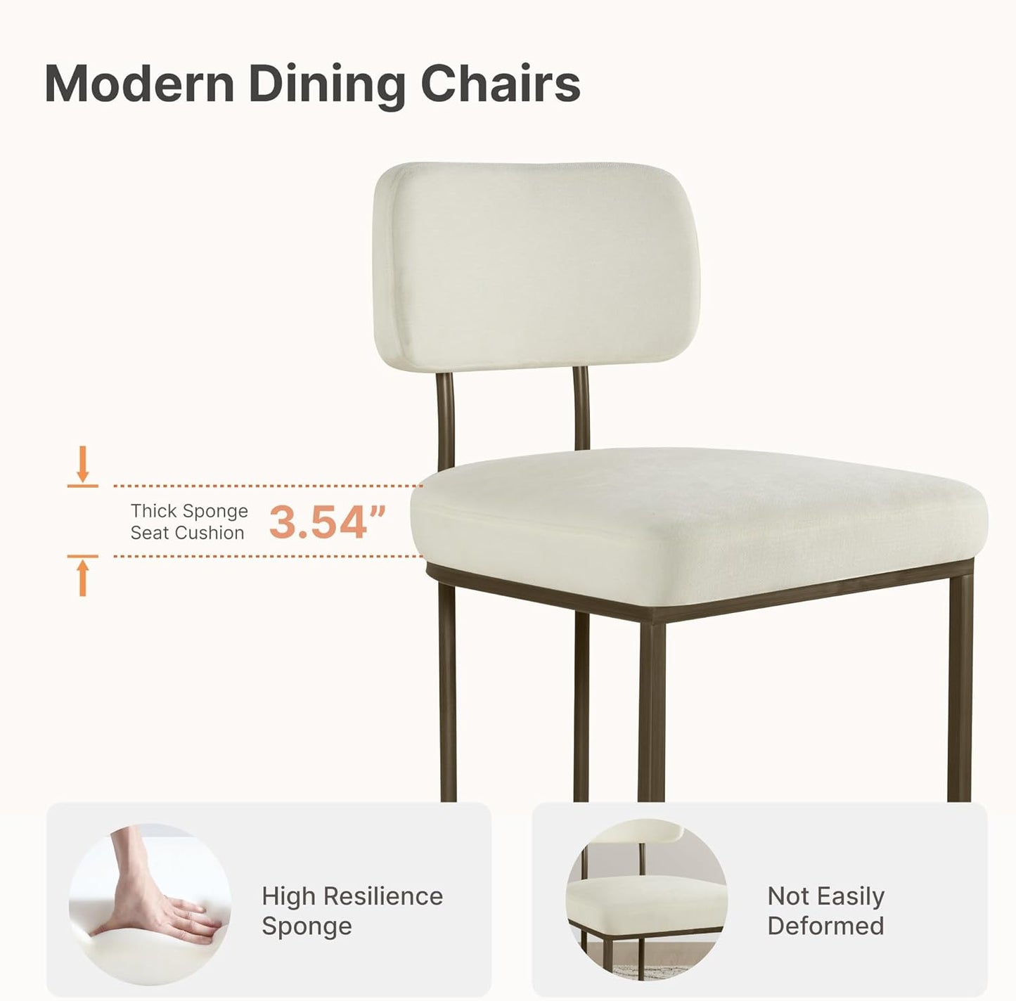 Dining Chairs Set of 4, Upholstered Modern Kitchen Chairs with Ergonomic Backrest, Fabric Cushion Seat & Metal Legs for Living Room, Restaurant, and Café, Ivory, 2Boxs