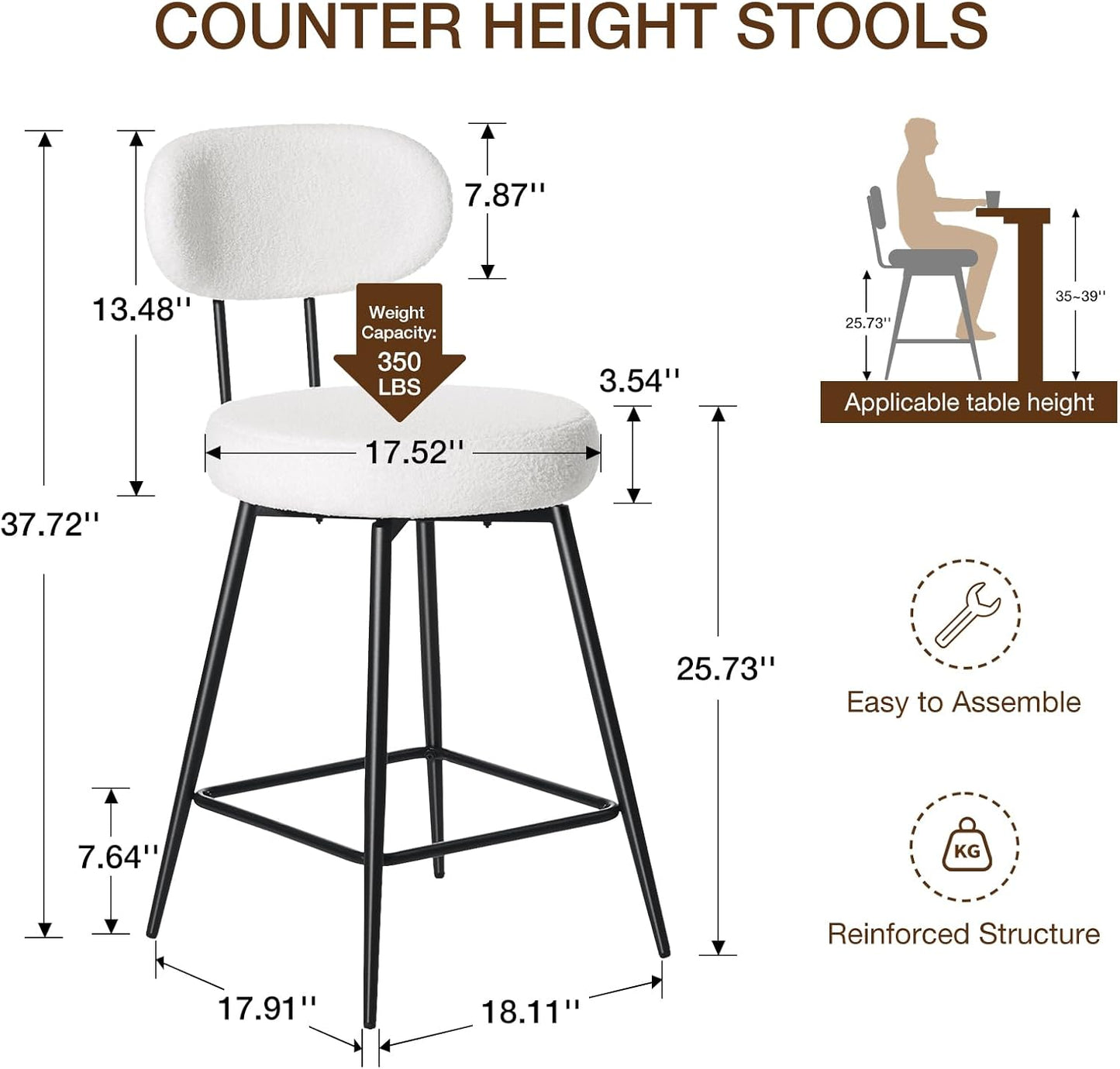 HOMMPA Counter Height Swivel Bar Stools Set of 2 Boucle Barstools 26'' Upholstered Modern Counter Barstools with Back Metal Legs Bar Stools Chairs for Kitchen Counter Island White