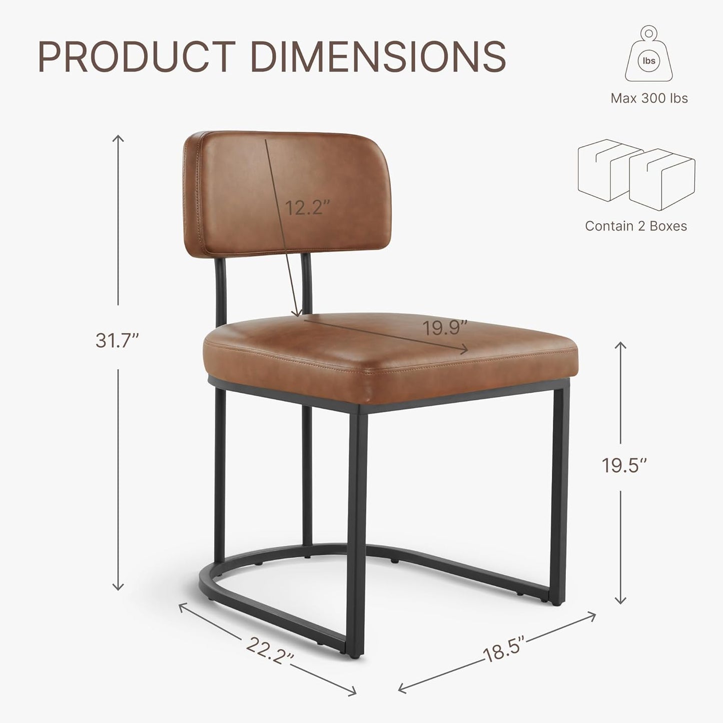 Dining Chairs Set of 4, Upholstered Modern Kitchen Chairs with Ergonomic Backrest, Faux Leather Cushion Seat & Metal Legs for Living Room, Restaurant, and Café, Brown, 2 Boxs