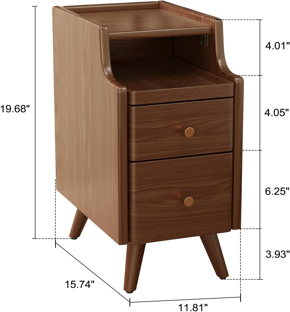 Small Nightstand with Drawers, Solid Wood Bedside Table, Narrow Walnut Nightstand for Bedroom