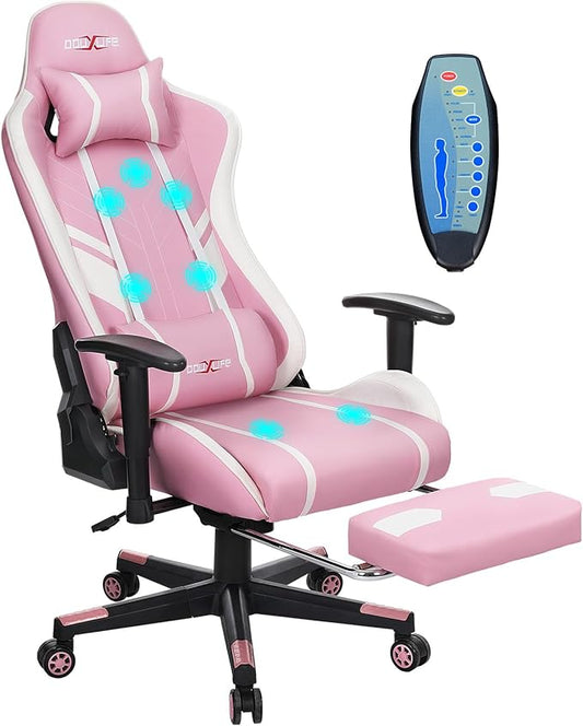 Douxlife 7-Point Massage Gaming Chair, 175° Gaming Recliner with Footrest Ergonomic Computer Office Chair High Back Video Game Chair with Lumbar Support, Upgraded Version Pink