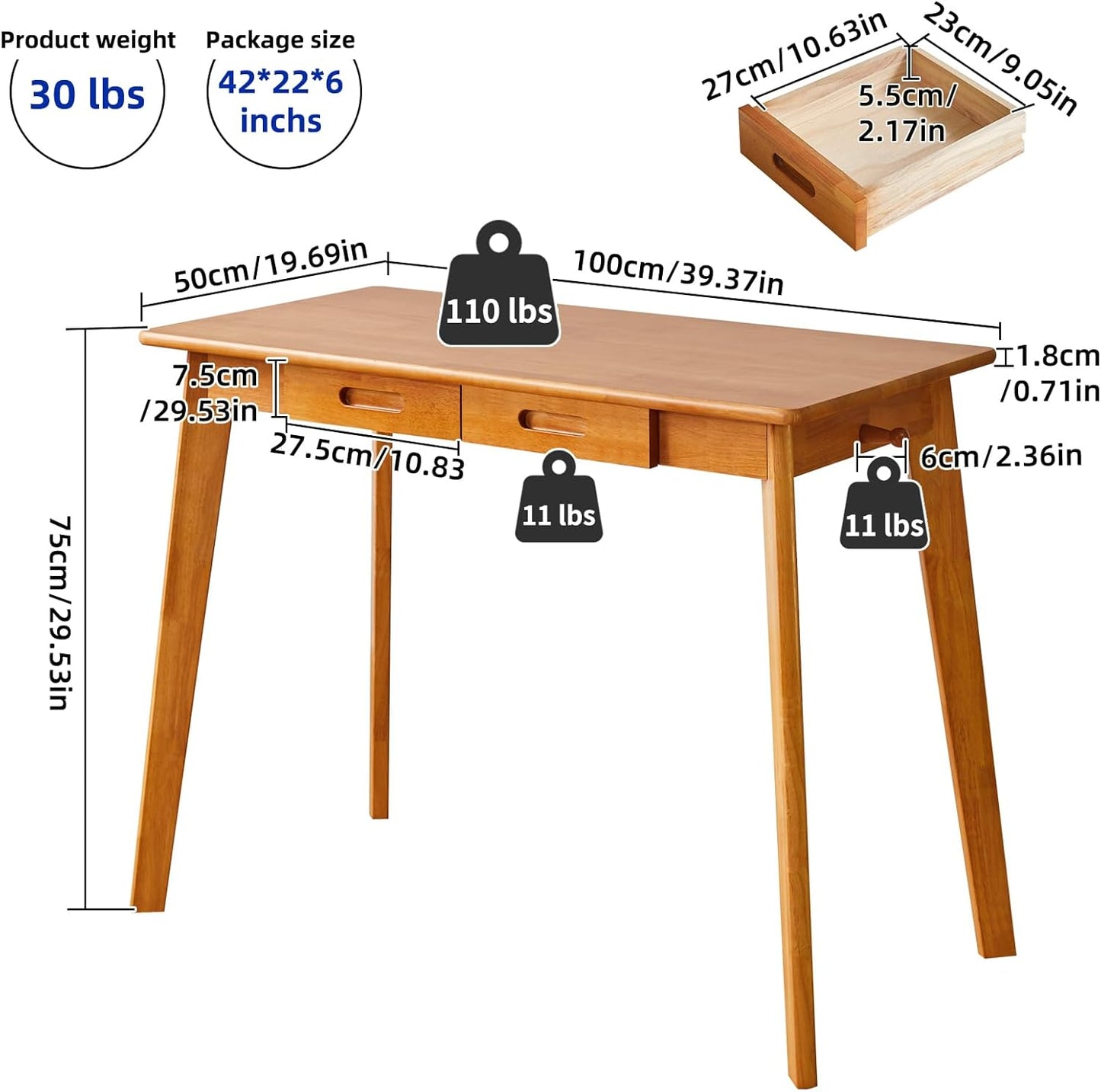 Wood Writing Desk with Drawer and Hanging Rod, Small Computer Desk Table, 39x20x30inch Work Desk, Study Desk, Small Wooden Dining Table Cherry Wood Color YD-WD01N