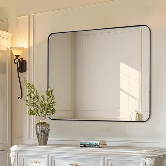 Black Mirrors for Bathroom, 30"x36" Rounded Corner Rectangle Mirror, Modern Metal Frame Bathroom Vanity Mirror for Home Decor Living Room Entryway (Horizontal/Vertical)