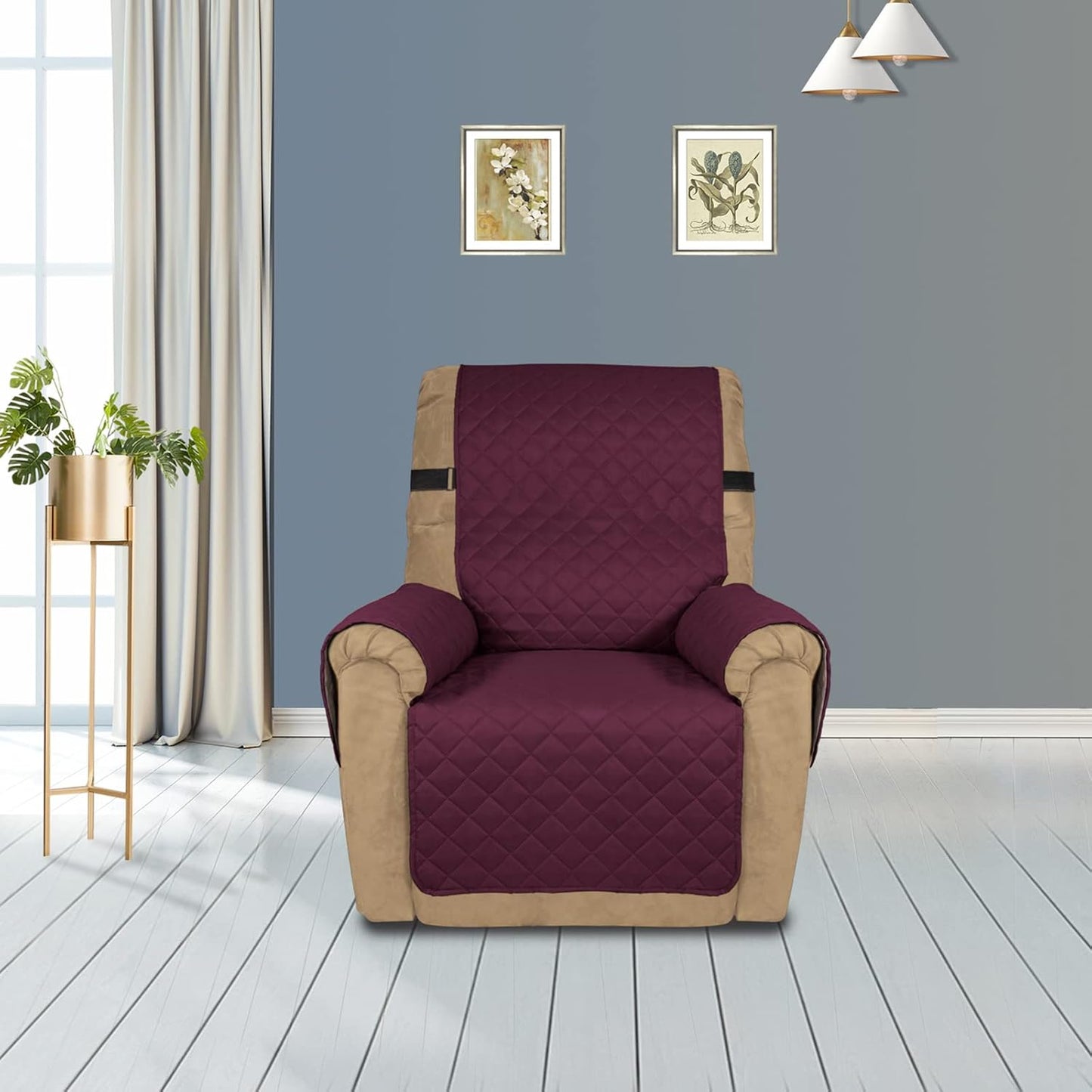 PureFit Reversible Sofa Cover Water Resistant Recliner Couch Cover, Machine Washable Furniture Cover with Adjustable Strap for Dogs, Pets (Recliner, Wine/Beige)