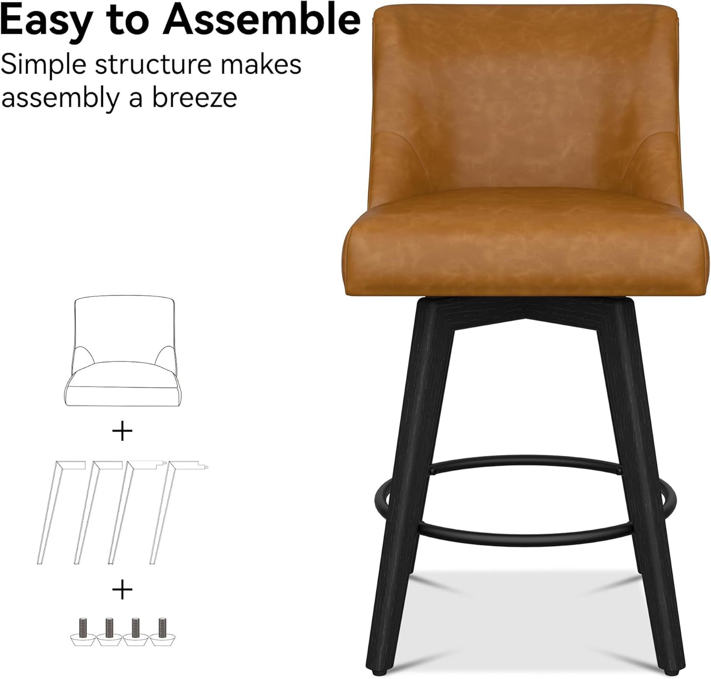 Counter Height Bar Stools Set of 6, Modern Swivel Barstools with Back and Wood Legs, Faux Leather Upholstered Bar Chairs, 26" H Kitchen Counter Stools, Kitchen Island Home Bar, Whisky Brown