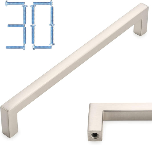 KOOFIZO 30-Pack Solid Square Bar Cabinet Handle - Brushed Nickel Furniture Pull, 6.3 Inch/160mm Screwhole Distance for Kitchen Cupboard Door, Bedroom Dresser Drawer, Bathroom Wardrobe Hardware