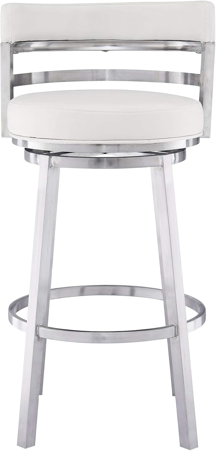 Armen Living Titana 30" Bar Height Swivel White Faux Leather and Brushed Stainless Steel Bar Stool