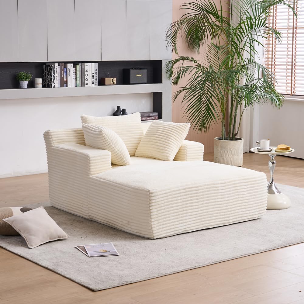 Oversized Chaise Daybed Lounge Sleeper Chair Sofa Bed Indoor, Fluffy Corduroy Upholstered Sleeper Recliner Sofabed Extra Wide Full Foam Cloud Sofabed W/3 Pillows for Home/Apartment Living Room Bedroom