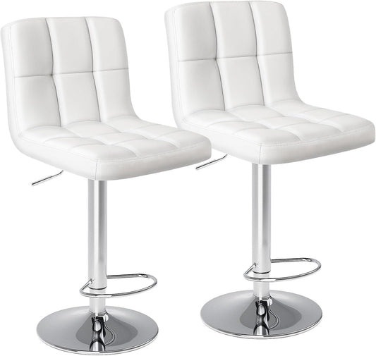 DUMOS Bar Stools Set of 2, Armless Adjustable Swivel Barstools, PU Leather Hydraulic Kitchen Counter Height Bar Stools, Thickened Seat Cushion Square Island Barstools with Back, White
