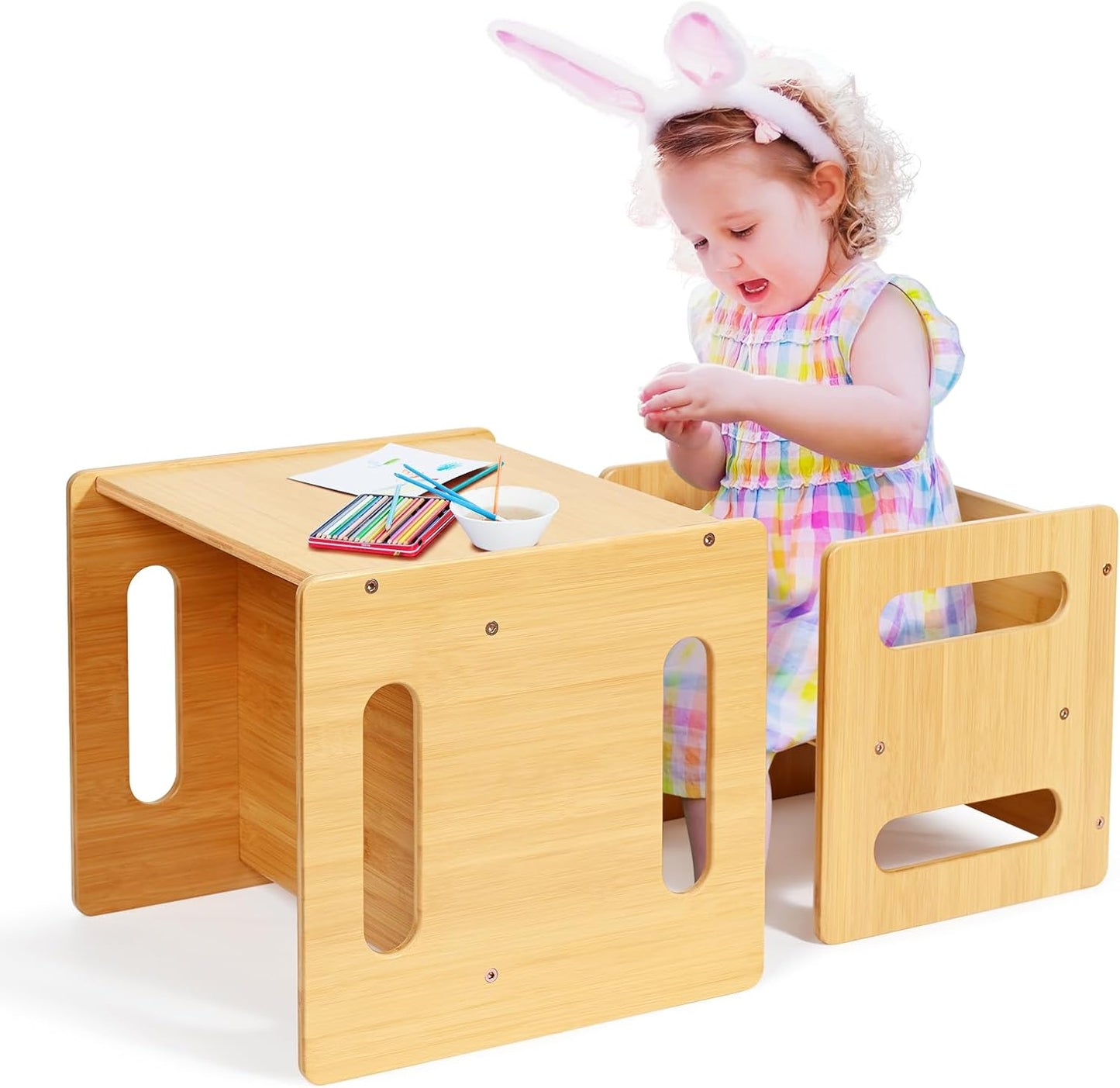 Kids Table and Chair Set, Montessori Weaning Table and Chair,Natural Bamboo Small Desk Chair,Toddler Activity Table and Chair Set for 1-3 Year Old Kids Dinner,Reading,Playing Toys, CPC Certified
