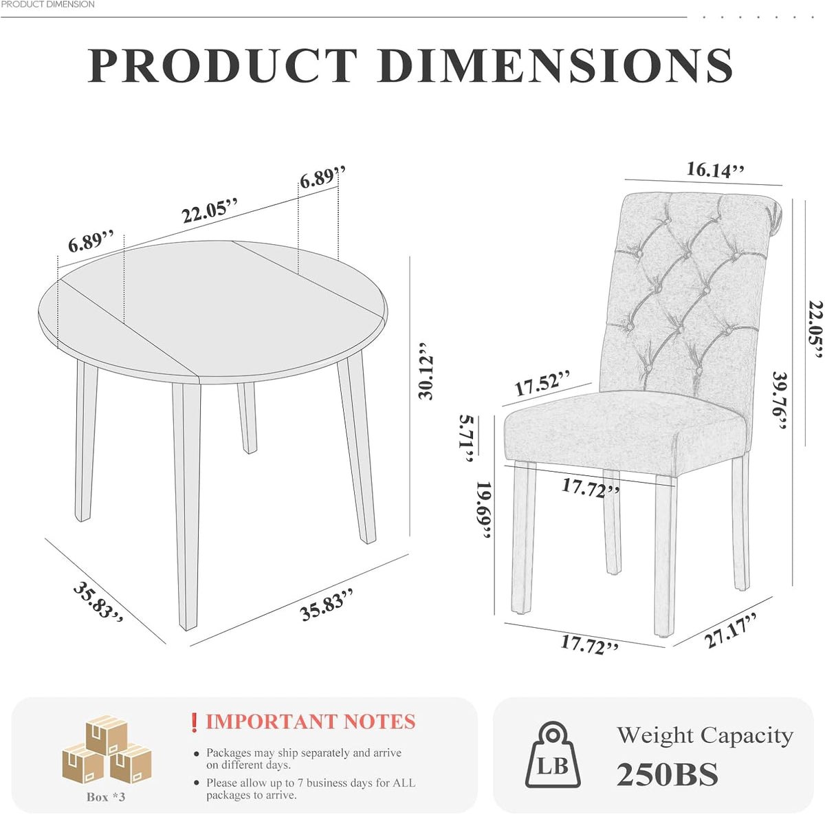 COLAMY 5-Piece Extendable Dining Table Set for 4, 36" Kitchen Round Wood Table with 4 Tufted Dining Room Chairs,Light Brown/Black