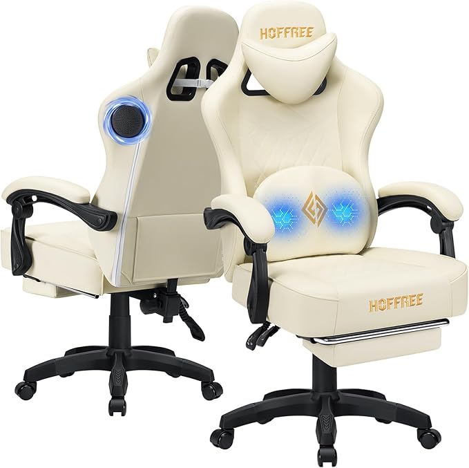 HOFFREE Gaming Chair with Speakers Massage Computer Gaming Chair with Pocket Spring Cushion for Adults Reclining Gamer Chair with Bluetooth Video Game Chairs with Footrest Ivory