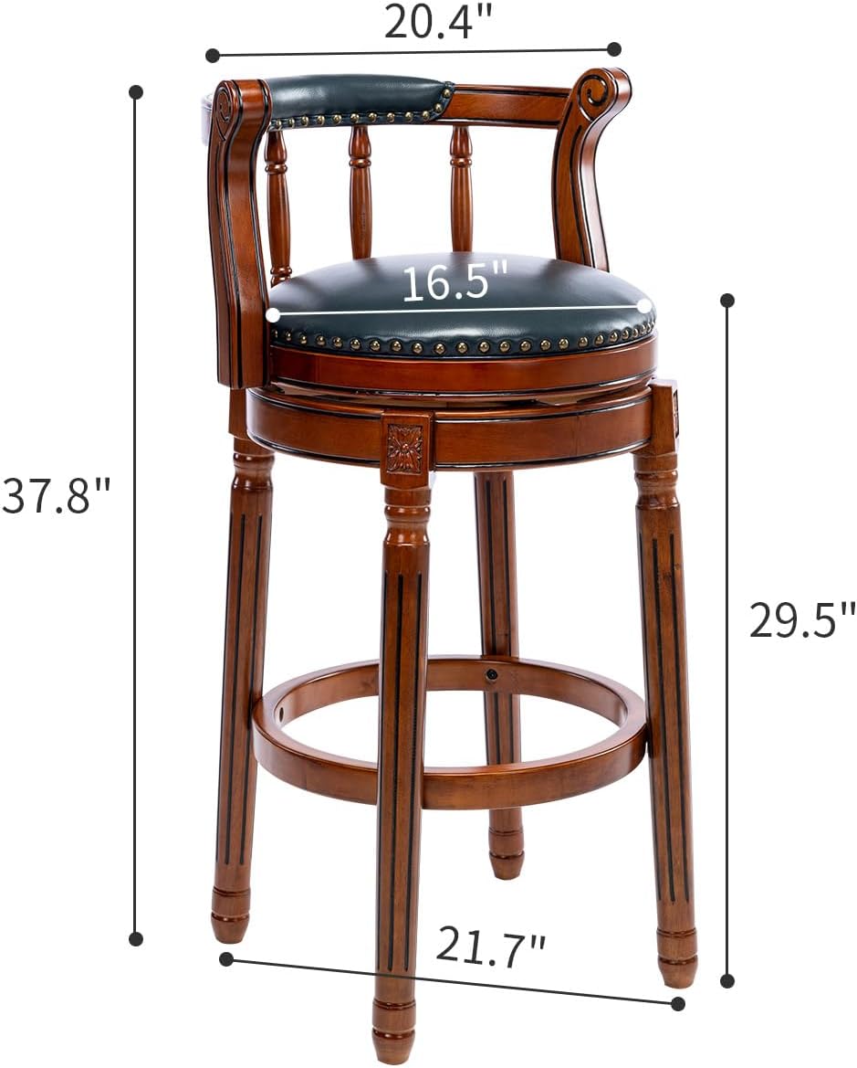 Cow top Leather Wooden Bar Stools, 360 Degree Swivel Bar Height Chair with Backs for Home Kitchen Counter, Morden Chair Barstools (Dark Blue 2pcs, Bar Height-Seat Height 29.5”)