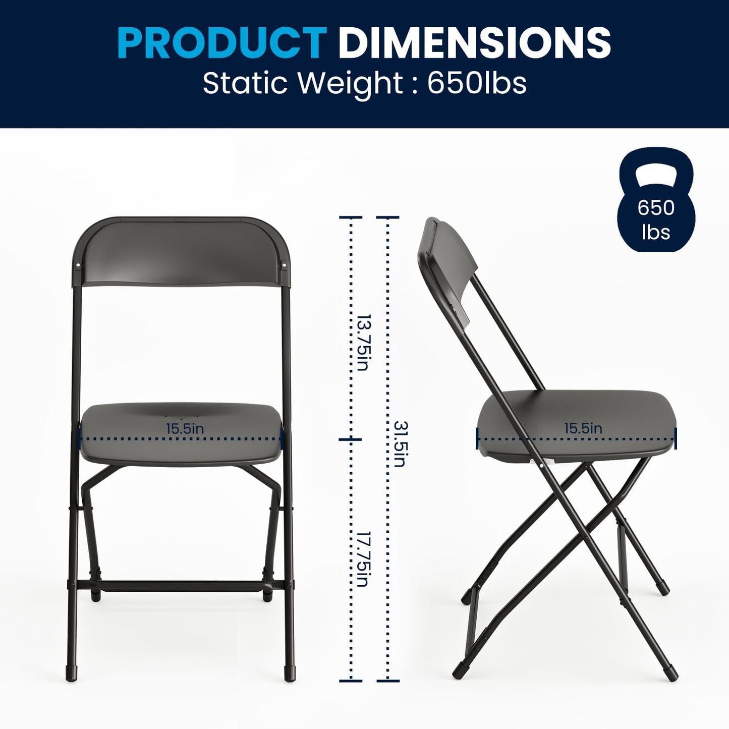 Flash Furniture Hercules Series Plastic Folding Chairs for Parties and Weddings, Stackable Commercial Event Seats with 650-lb. Static Weight Capacity, Set of 6, Black