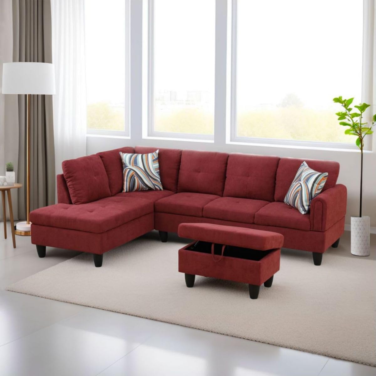 Red L-Shaped 3-Piece Flannel Sofa with Storage Ottoman Set, Sectional Couch Sofa Set for Living Room, Office, Small Space