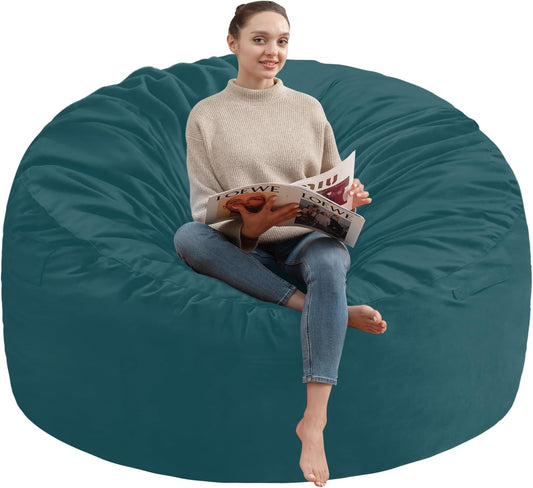 6FT Bean Bag Chair, Large Bean Bag Chairs with Memory Foam Filled, Fluffy Beanbag Sofa with Dutch Velvet Cover, Round BeanBag Chairs for Living Room, Playroom - Sea Blue