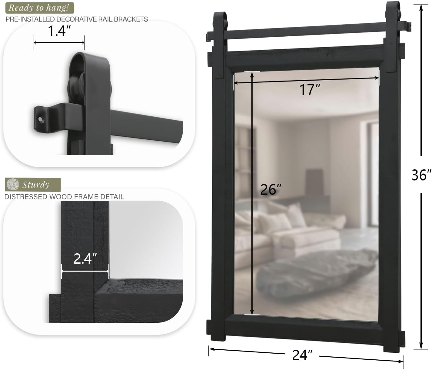 Rustic Barn Door Mirror: 24"x36" Black Farmhouse Wood Frame - Wall Mirror for Entryway/Bathroom/Living Room Wall Decor