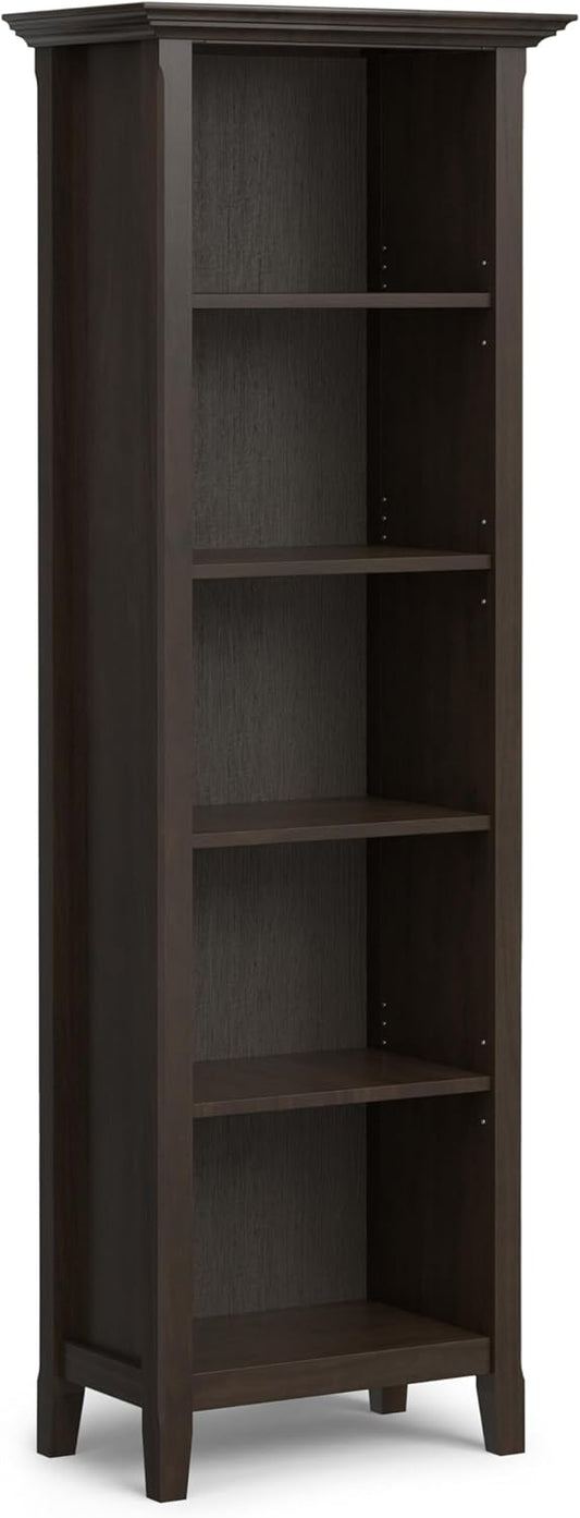 SIMPLIHOME Amherst Bookcase - 70 inch Tall 5-Shelf Solid Wood Bookshelf in Hickory Brown, Transitional Storage for Living Room, Study Room or Office with Adjustable Shelves and Tapered Legs