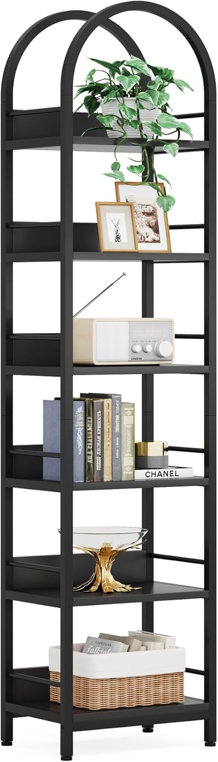 LITTLE TREE 6-Tier Open Bookshelf, 78.7" Tall Arched Bookcase, Black Wooden Bookshelf with Metal Frame, Freestanding Narrow Bookcase Display Shelves for Living Room, Bedroom, Office