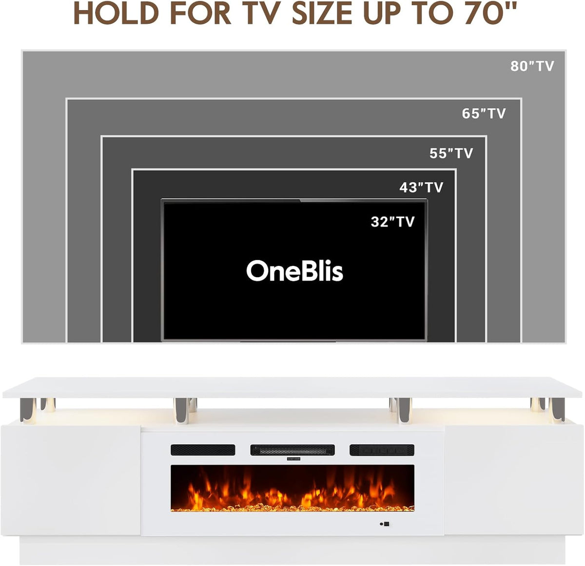 70" TV Stand for Living Room, Entertainment Center & Media Console with Storage, Fits TVs up to 80", Modern TV Cabinet with Shelves, 36" Electric Fireplace (All White)