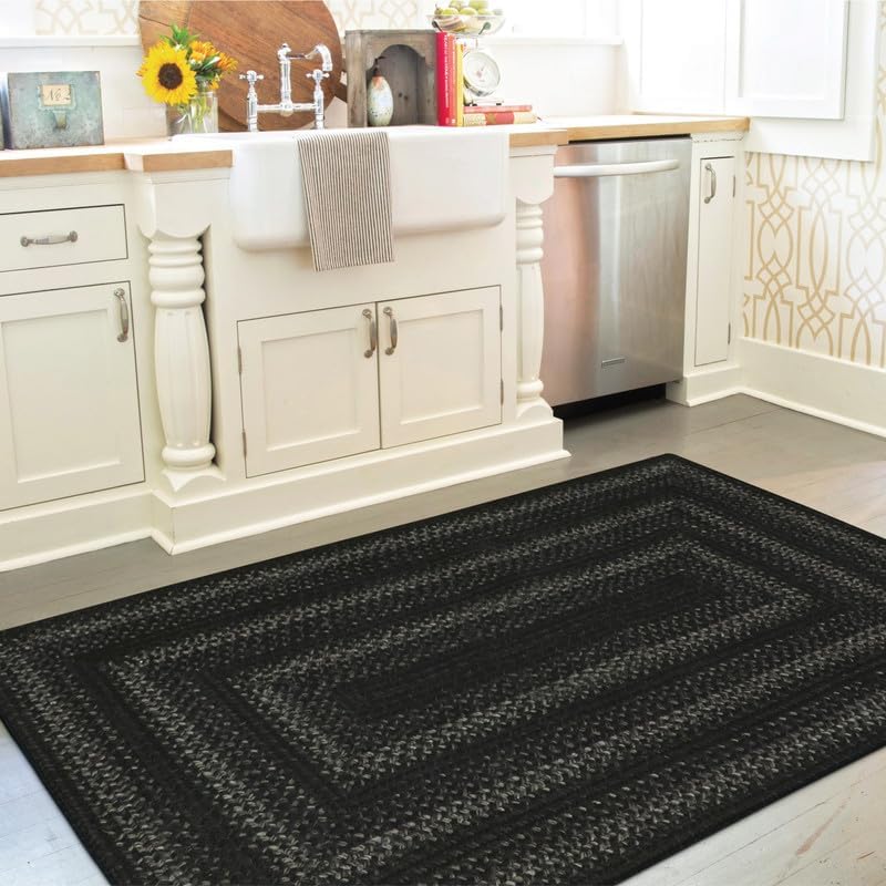 Homespice Jet Black Braided Rugs Runners 22x72 - Primitive Style Braided Runner Rug for Kitchen and Hallways