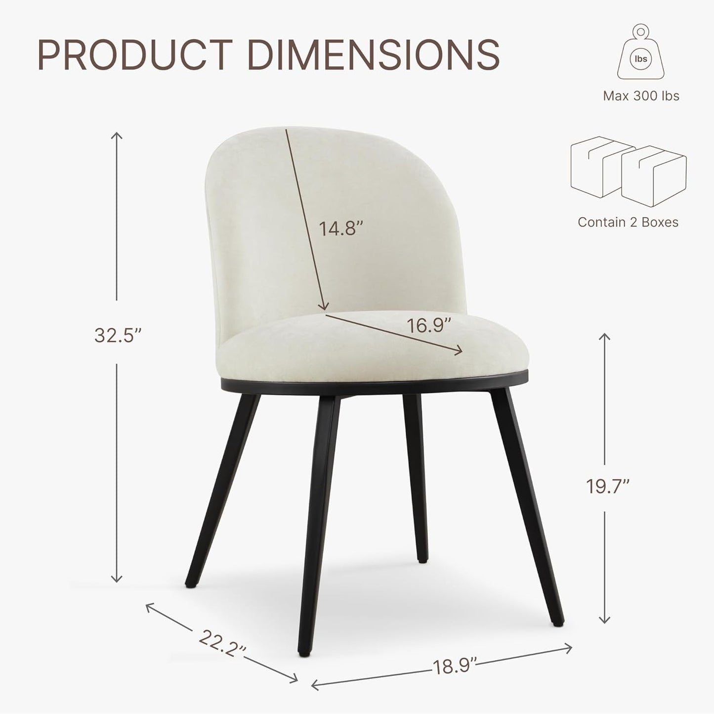 Dining Chairs Set of 4, Fabric Upholstered Dining Room Chairs with Ergonomic Backrest & Metal Legs, Modern Kitchen Side Chairs for Home, Restaurant, and Café, Ivory, 2 Boxs