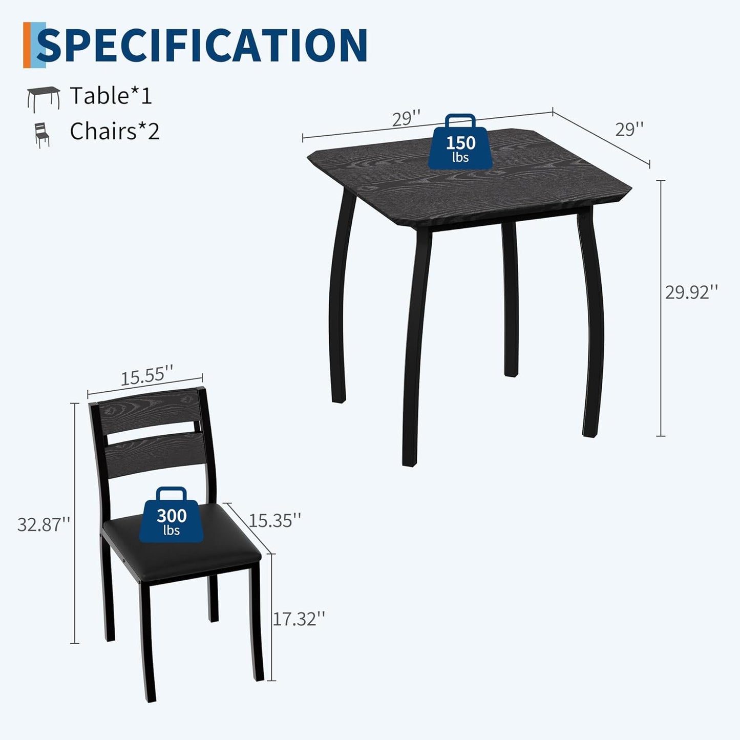 GAOMON Dining Table Set for 2, 3 Piece Small Kitchen Table and 2 Upholstered Chairs with Metal Frame & Wood Grain Tabletop for Small Space, Apartment, Kitchen, Dining Room, Black