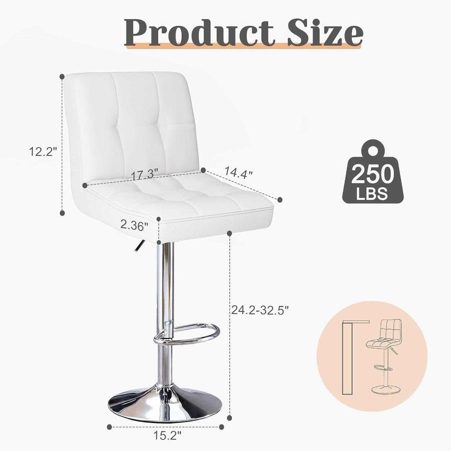Sweetcrispy Bar Stools Set of 4, Armless PU Leather Adjustable Swivel Barstools, Hydraulic Kitchen Counter Height Thickened Seat Cushion Square Island Countertop Chairs with Back - Modern White