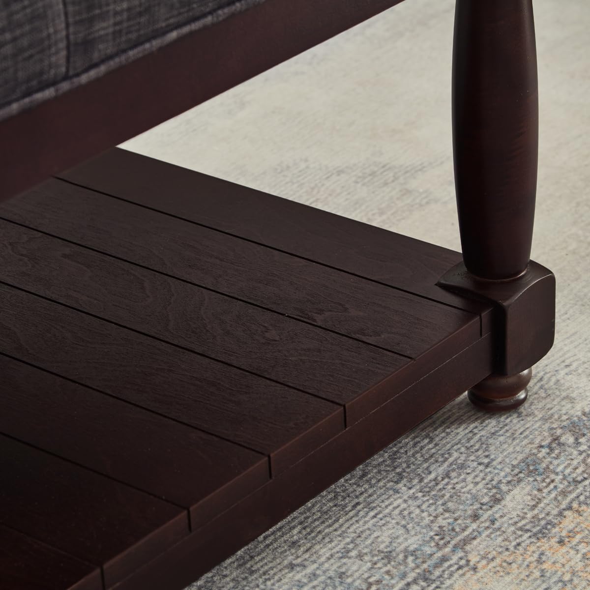 24KF Upholstered Square Coffee Table with Wooden Shelf, Tufted Button Large Square Ottoman with Spindle Wooden Legs, Linen Large Footrest Ottoman Pouf for Living Room, Dark Gray