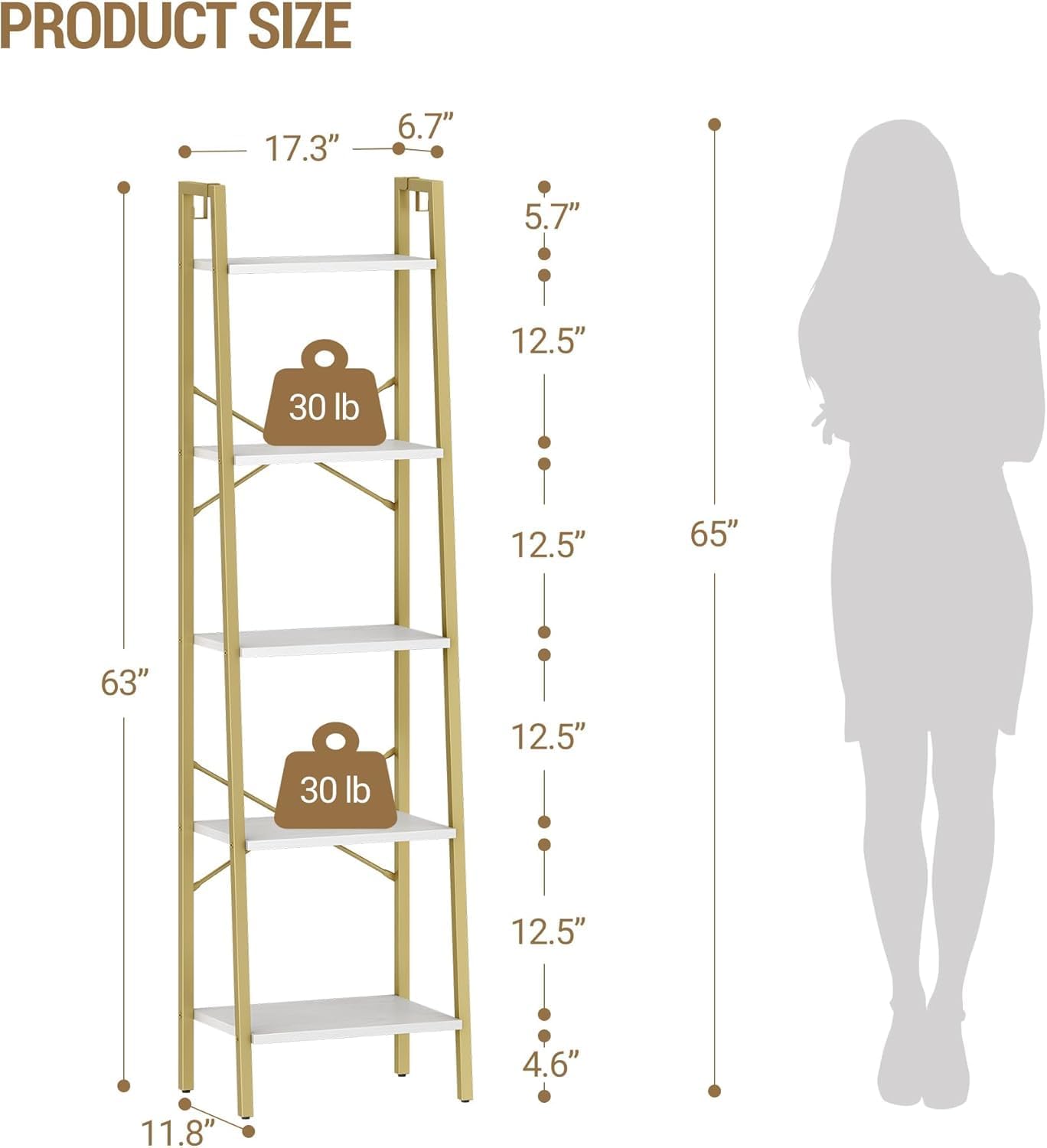 Ladder Shelf, Bookshelf Bookcase, Freestanding Corner Storage Shelve with 2 Hooks for Home Office, Living Room, Kitchen, Bedroom, Industrial, 5-Tier White Gold BC19213G