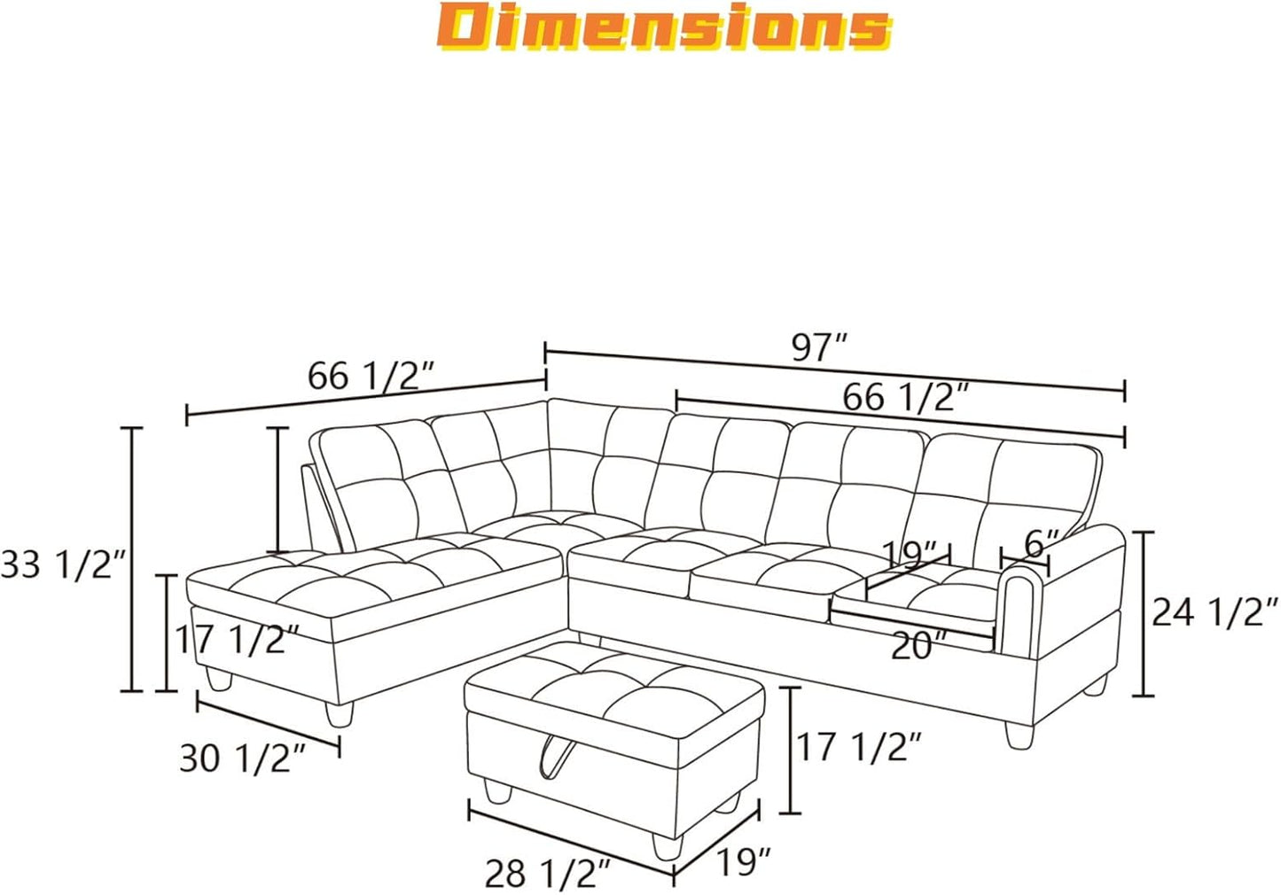 L Shaped Sectional Couch with Otttoman, 97" Sectional Sofa for Living Room Flannel Modular Couches with Cup Holders for Bedroom, Apartments, Light Grey