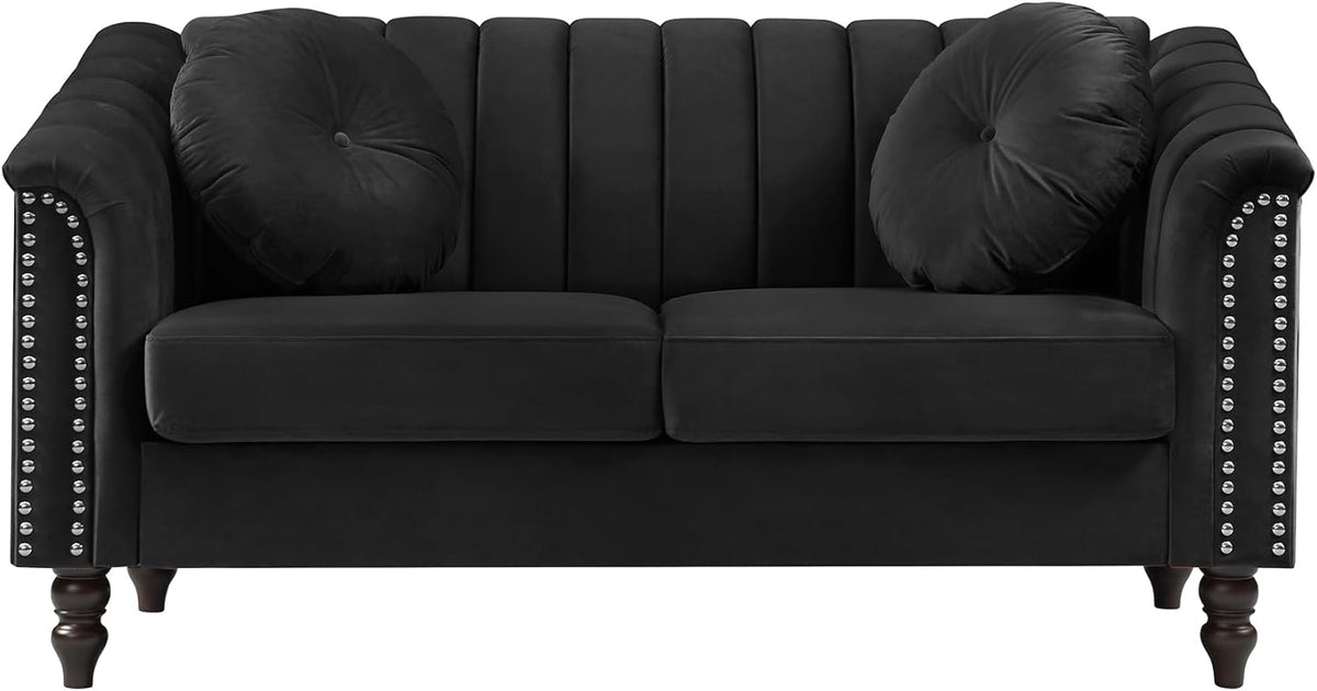 60" Loveseat Sofa, Microfiber Chesterfield Upholstered Sofas Love Seat, Couch Chair Sets with Style Button Tufted, Scroll Arms and Nailhead for Living Room, Office, Black