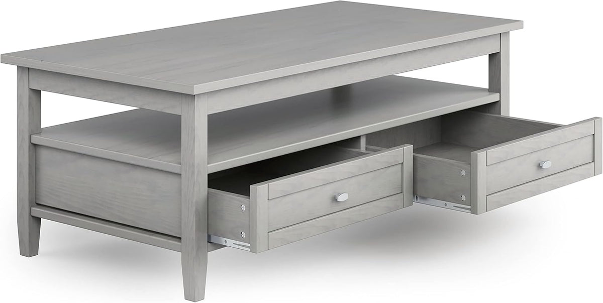 SIMPLIHOME Warm Shaker Coffee Table - 48 inch Wide Solid Wood Cocktail Table in Fog Grey, Transitional Living Room Table with 2 Storage Drawers and Open Shelf for Sitting Area or Lounge