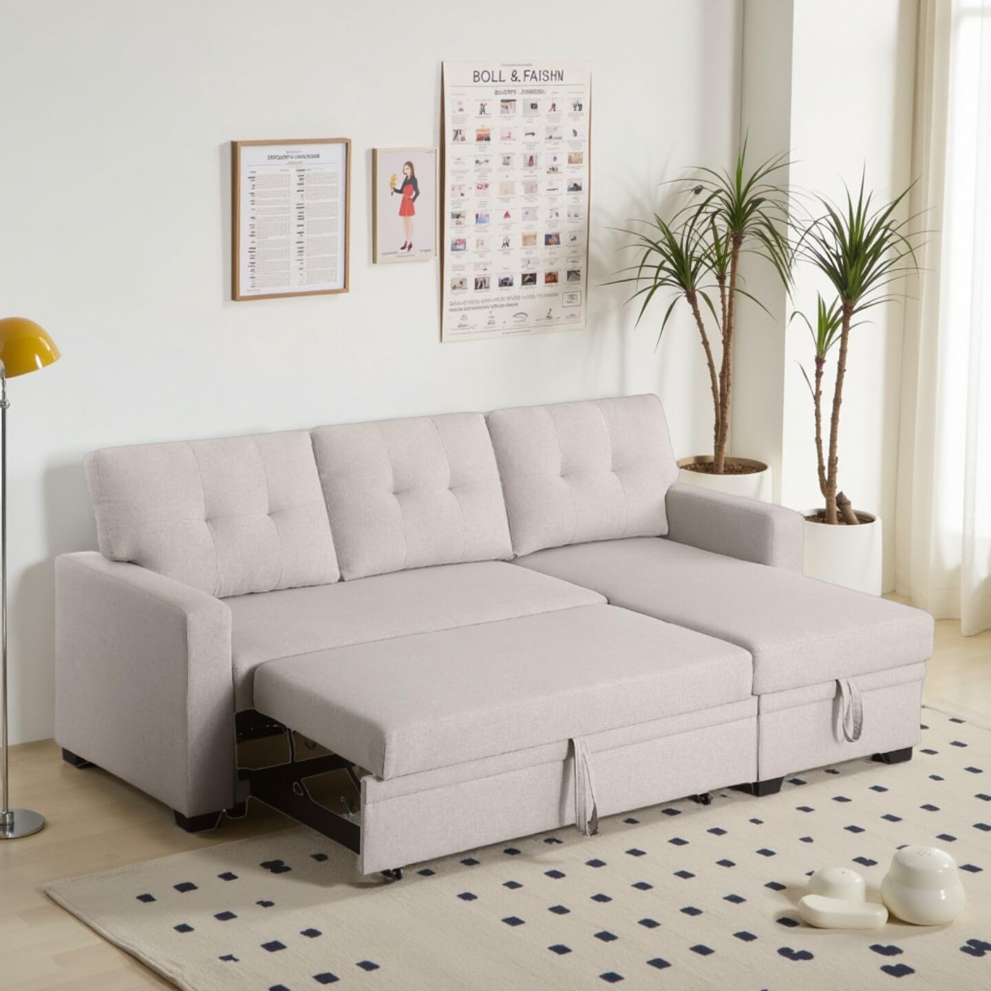 L-Shape Sofa Bed, 82" Sectional Couch with Storage Chaise, Pull Out Sleeper Sofa with Removable Back Cushions, Convertible Corner Couch for Living Room Apartment, Beige