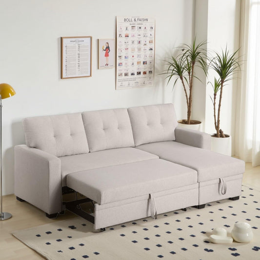 L-Shape Sofa Bed, 82" Sectional Couch with Storage Chaise, Pull Out Sleeper Sofa with Removable Back Cushions, Convertible Corner Couch for Living Room Apartment, Beige