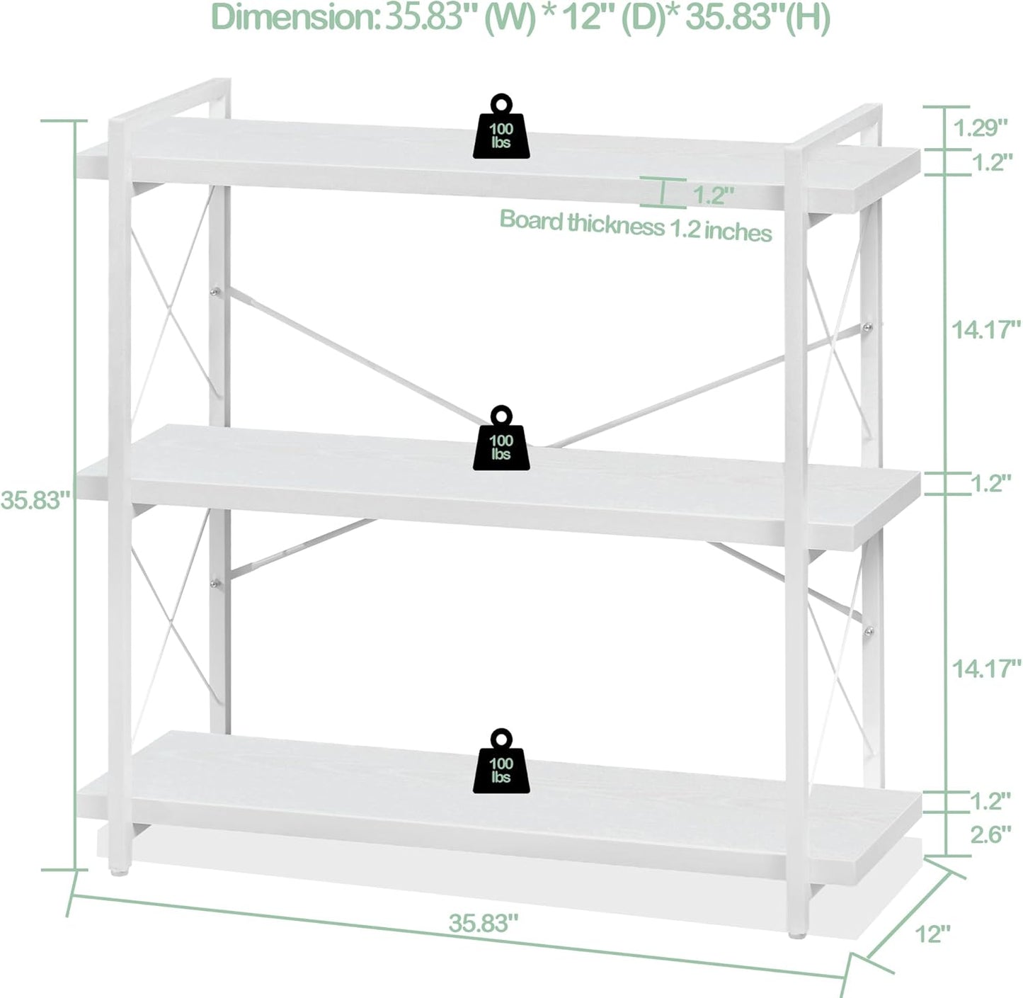 HCHQHS Bookshelf, 3-Tier Industrial Bookcase, White Open Book Shelf, Freestanding Horizontal Bookshelves with Metal Frame