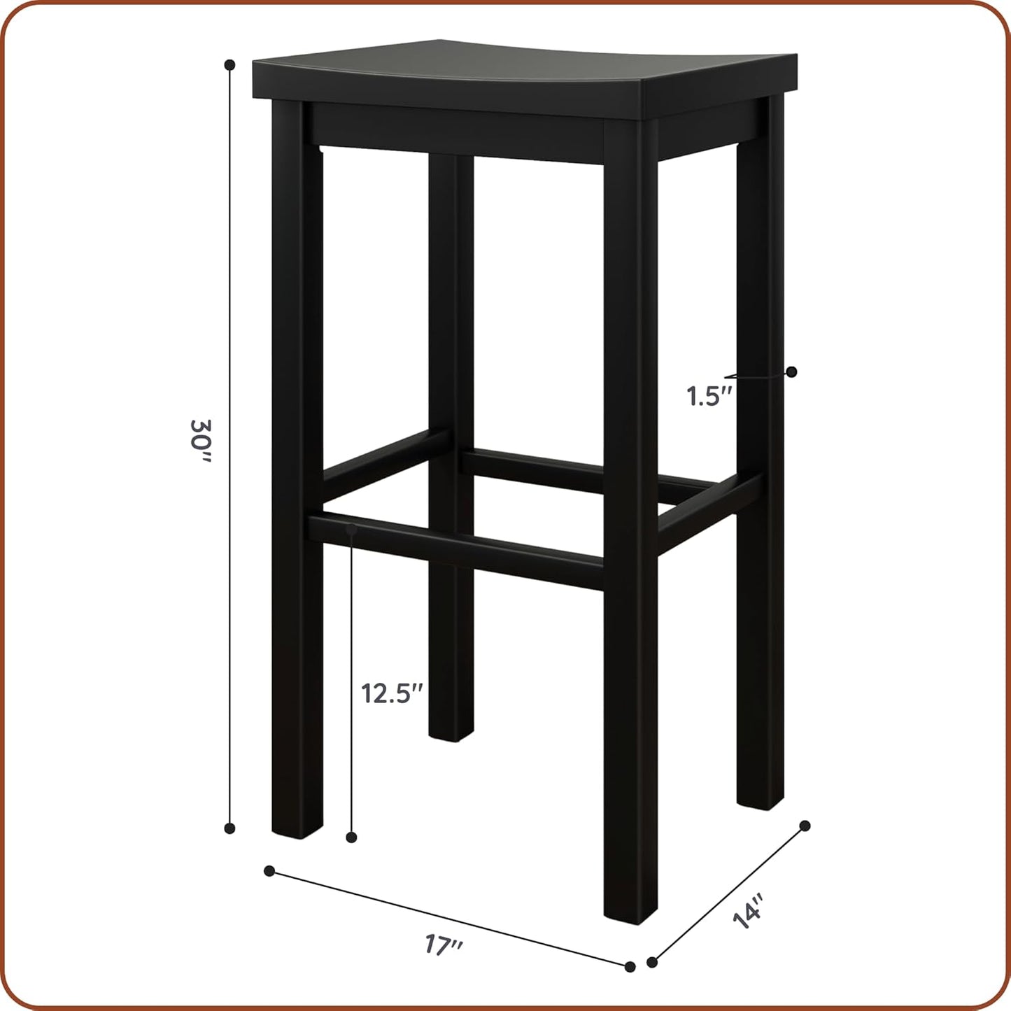 Grain & Grove Smith Collection Solid Wood Bar Stool, 30 inch Saddle-Seat Bar Chair, Backless, Heavy-Duty Construction, Footrest Support, Ideal for Kitchen Islands, Home Bars, and Counters, Black