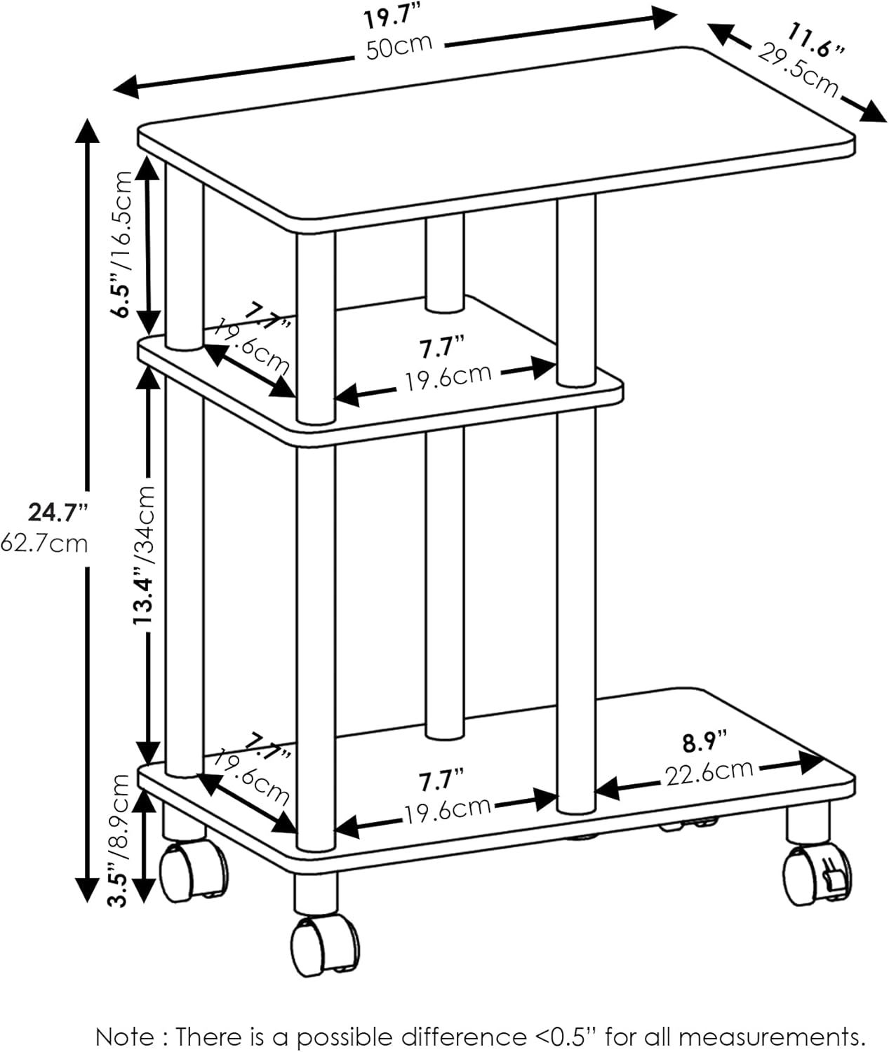 Furinno Turn-N-Tube U-Shaped Side Table with Casters, White Oak/Stainless Steel