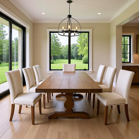 Set of 6 Beige Upholstered Dining Chairs – Farmhouse Kitchen Chairs with High Back, Solid Rubberwood Legs, Padded Foam Seat & Bronze Nailhead Trim, Comfortable Dining Room Chairs for Home