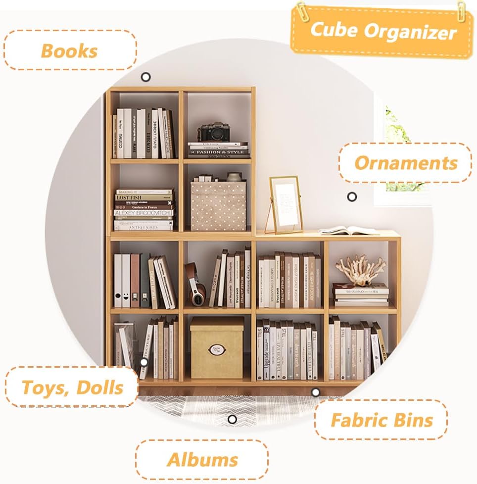 8 Cube Organizer Bookcase - Fabric Storage Bins Container, Open Shelf Simple Compartments Bookshelf, Oak